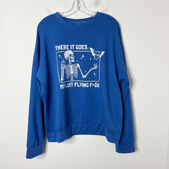 Amazon Women's Last Flying F*ck Crewneck Sweatshirt XL Blue Halloween Skeleton - Picture 3 of 8